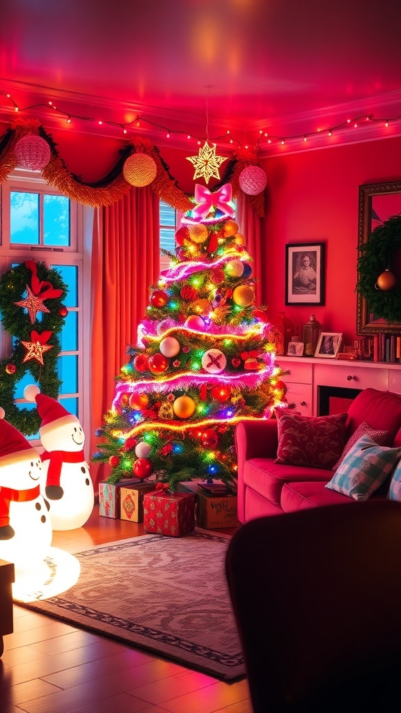 Retro 80s Christmas decorations with a vibrant tree, neon lights, and whimsical inflatables.
